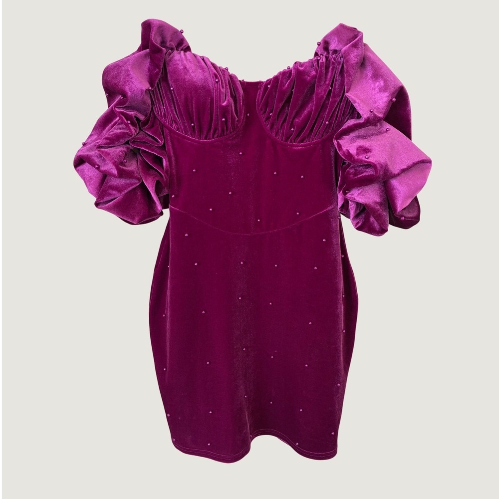 Windsor Magenta Velvet Pearl Mini Dress Off Shoulder Ruffle Holiday Party Medium